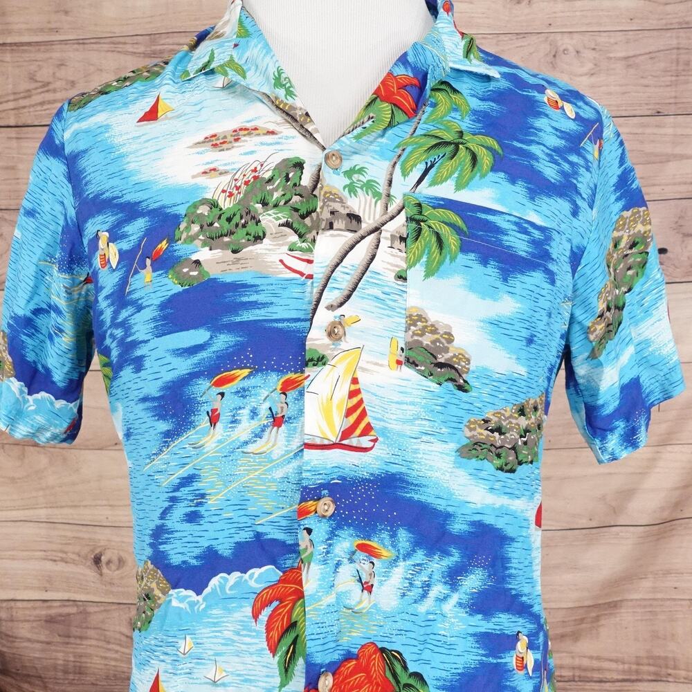 Vintage‎ Ocean Pacific Shirt Medium Blue Hawaiian Rayon Surf Beach 90s USA MADE